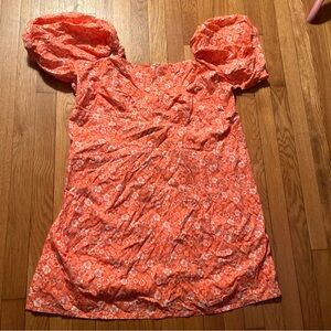 Anthropologie Coral-Orange Floral Puff-Sleeve Dress